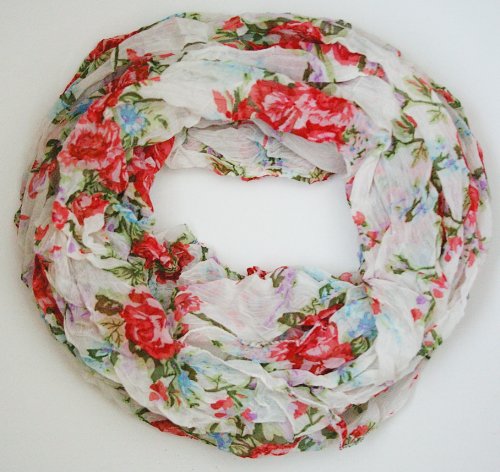 SCHLAUCHSCHAL MIT BLUMENPRINT IN 6 FARBEN DAMEN LEICHTE QUALITÄT TUCH HALSTUCH UNI WEIß / ROT T1033