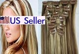 Full Head 16" 100% REMY Human Hair Extensions 7Pcs Clip in #6/613 Light Brown/Bleach Blonde