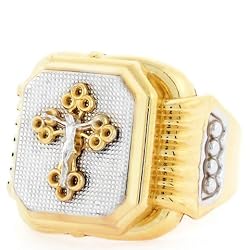 10k Two Tone Gold Religious Filigree Crucifix Mens Ring