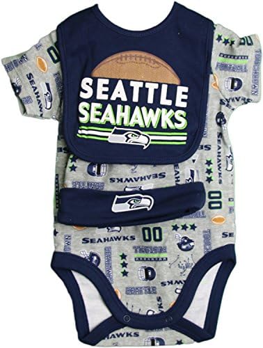 NFL Three Piece Baby Set Creeper, Bib, Hat Newborn 0-3 Months- 3-6 Months (Seattle Seahawks, 3-6 Months)