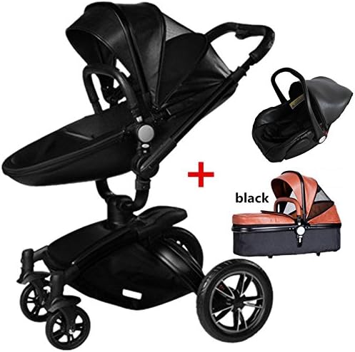 Leather, 3 in 1(Standard Stroller+Separate Sleeping Basket+Safety Car Seat), High-quality, Suspension, High-view, Detachable, Washable, Portable and Folding Baby Stroller to Sit or Lie down (black)