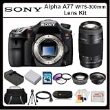 Sony Alpha A77 w/75-300mm Lens Kit Includes: Sony Alpha A77 Digital Camera with 75-300mm Lens, 2x Telephoto Lens, 0.45x Wide Angle Lens, 16GB SDHC Memory Card, Memory Card Reader, 3 Piece Filter Kit (UV-CPL-FLD), Extended Life Battery, Rapid Travel Charger, HDMI Cable, LCD Screen Protectors, Table Top Tripod SSE Microfiber Cleaning Cloth and Soft Carrying Case