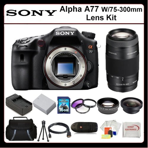 Sony Alpha A77 w/75-300mm Lens Kit Includes: Sony Alpha A77 Digital Camera with 75-300mm Lens, 2x Telephoto Lens, 0.45x Wide Angle Lens, 16GB SDHC Memory Card, Memory Card Reader, 3 Piece Filter Kit (UV-CPL-FLD), Extended Life Battery, Rapid Travel Charger, HDMI Cable, LCD Screen Protectors, Table Top Tripod SSE Microfiber Cleaning Cloth and Soft Carrying Case