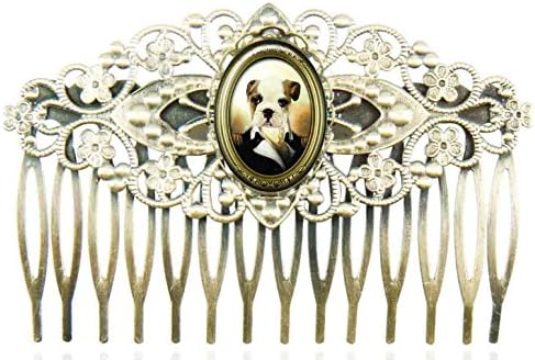 Filigree hair comb with with oval glass cabochons protecting a design with a dog dressed up an army general