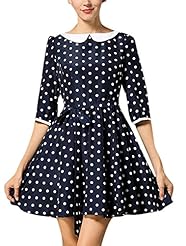 Polyester Pleated Polka Dot Print Elbow Length Sleeves Round Neck Short  Dress