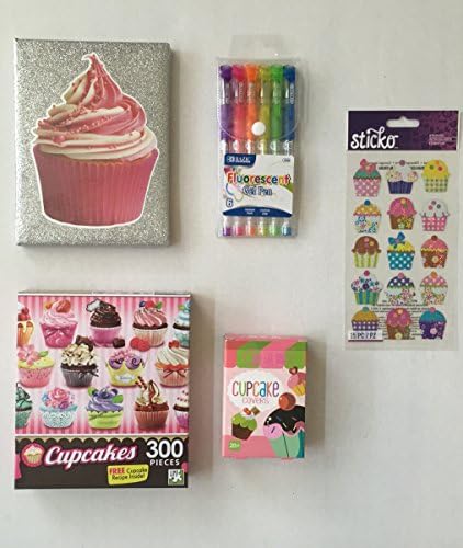 Cupcake Fun Play Bundle: Sparkle Pink And Silver Journal, 6 Gel Coloring Pens, 300 pc Puzzle, 15 Colorful Stickers, And 20 Cupcake Bandages. Great Gift for Christmas, Hanukah or Holidays (5 Items)