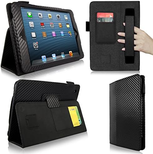 Cellularvilla Case for Apple iPad Mini 1 (2012) 7.9 and iPad Mini 2 (2013 Edition) 7.9 With Retina Display Carbon Fiber Black Pu Leather Flip Folio Elastic Hand Strap Card Holder Stand Case Cover Protector