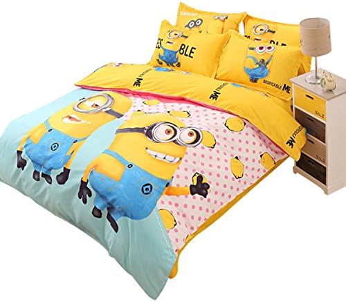 Octoberlsy Kids Cotton 3D Mininons Printed 4 PCS Queen\King Size Comforter Sheet Sets for Girl/Boy 150*230cm (04)