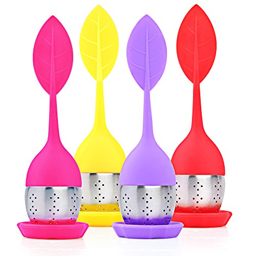 Tea Infuser, MaxMall 4-Pack Silicone Tea Infuser Handle Stainless Steel Strainer filter Infuser with Drip Tray for Loose Leaf Grain Tea Cups, Mugs, and Teapots