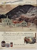 Part Of The American Scene - Ski Country. Ski Country where winter turns the highlands into a glittering playground, and man flies without wings. Frosted with powdered snow ... etched with curving ski tracks ... a white wonderland that is now, more than ever, part of the American Scene ... Painted by C. Ivar Gilbert. ..... 1948 Maxwell House Coffee Ad, A3541.