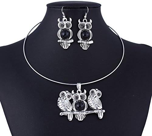 DOCrystal Jewelry Vintage Owl Shape Turquoise Pendant Collar Necklace Earrings Set Ethnic Gift Black