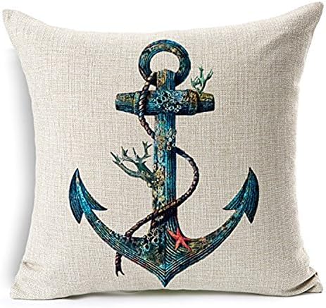 LovingHome Cotton Linen Square Throw Pillow Case Decorative Cushion Cover Pillowcase for Sofa Blue Rusty Anchor with Coral 18 "X18 "