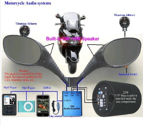 Motorcycle audio mirror speaker ipod sub + amp marine