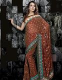 Deep Brown Faux Georgette Indian Belly Dance Dress Wrap Sari Ethnic Saree with Unstitched Blouse