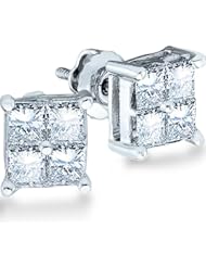 14k White Gold Princess Square Cut Channel Set Diamond 4-Prong Stud Earrings - 5mm Height * 5mm Width (1.0 cttw)