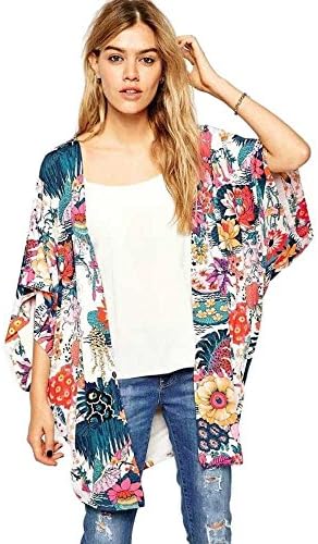 OVERMAL Women Floral Print Kimono Loose Cardigan Chiffon Blouse (L)