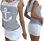 Striped Print Lace Cotton/Spandex Scoop Neck Short Sleeveless Summer Mini Dress 