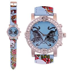 Designer Style Tattoo Watch Wide Strap Tigers Skulls Roses ~Choice of Colors~