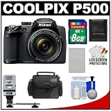 Nikon Coolpix P500 12.1 MP Digital Camera (Black) with 8GB Card + Battery + Case + Flash + Cleaning Kit