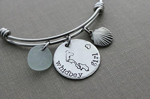 Whidbey Island Girl Bracelet - Genuine Sea glass and pewter seashell charm with stainless steel adjustable bangle