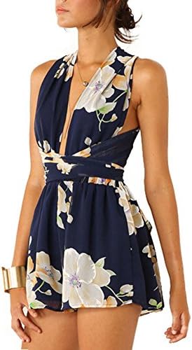 Women Summer Floral Print Deep V-neck Back Cross Jumpsuit Rompers Shorts Dress (M, Style1)