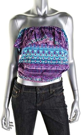 Stoosh Juniors Tribal Print Fold-over Ruffle Crop Tube Top S Purple Turquoise