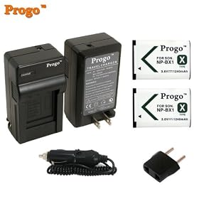 Progo Power Pack (Two Li-Ion Rechargeable Batteries and Pocket Travel AC/DC Wall Charger with Car Adapter & US to European plug) for Sony NB-BX1, DSC-RX100