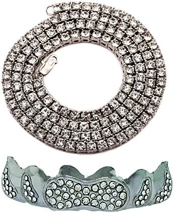 Men's 1 Row Iced Out Silver Plated Chain Necklace + Silver Plated Iced Out Grillz Set