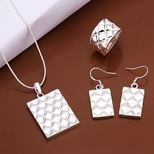 CY-Buity Unique Carved Lines Square Piece Necklace Earring Ring 925 Silver Plated Jewelry Set Nice Gift for Girls