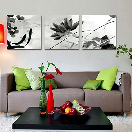 MOREWONDER Fashion Art Picture Art-Large Black and White Watercolor Painting of Lotus, Picture Painting on Canvas Print Stretched and Framed,Ready to Hang, Home Decorations Wall Art set of 3 Each is 50*50cm