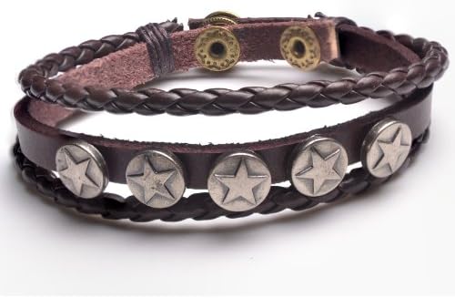 Mens Leather Braided Wrist Wrap Wiccan Pentagram Bracelet Bangle (Brown)