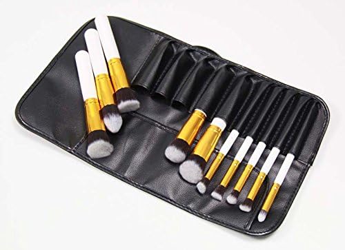 LaiFeiYa - 10pcs Cosmetic Makeup Brushes Set Contour Brush Tint Wooden Handle Pincel With Black Case (White gold)