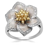 Jewelili 1/3 cttw Yellow & White Diamond Flower Ring in Sterling Silver with 18K Gold plating and Pearl Enamel (IJ Colour, I2/I3 Clarity), Size 7