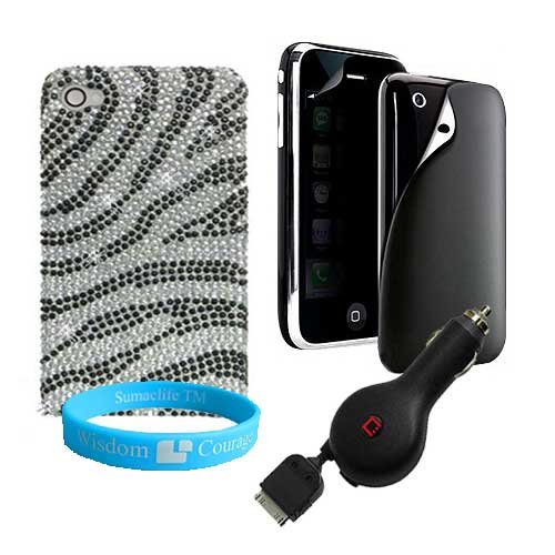 iPhone 4 Diamond Crystal * Sparkling* Snap on Cover + Retractable Car Charger + Privacy 2 Piece Screen Protector + Wisdom * Courage Wristband