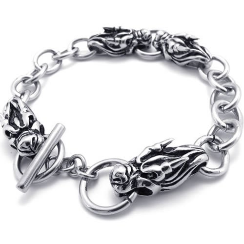 Konov Jewellery Mens Stainless Steel Dragon Bracelet, Colour Silver, Length 8 3/4 inch