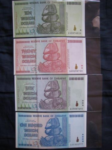 10 20 50 100 Trillion Zimbabwe Dollar Complete SET UNC in Protective Sleeves