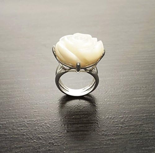 Rose Flower Ring - Sterling Silver Ring - Hand Engraved stone - Mother of Pearl - Rose Flower - shabby chic ring - Unique Vintage Ring