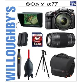 Sony Alpha SLT-A77 24.3 MP Translucent Mirror Digital SLR Camera with Sony SAL 16-50 f/2.8 Standard Zoom Lens + Sony 75-300mm f/4.5-5.6 Compact Super Telephoto Zoom Lens + Sony CLM-V55 5 External LCD Monitor for Alpha Cameras + LexSpeed 64GB Memory Card + Sony Deluxe Camera Bag + Extra Spare Batter