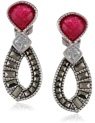 Judith Jack "Red Flamenco" Sterling Silver, Marcasite and Ruby Onyx Mini Drop Earrings