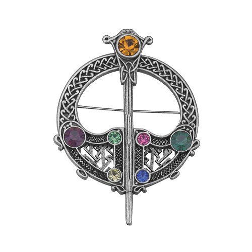Biddy MurphyIrish Tara Pin Rhodium Plated Celtic Brooch Multicolor Gems Made in Ireland