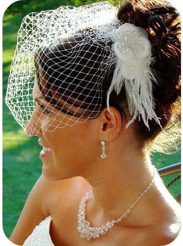 WHITE Birdcage Veil &amp; Flower Feather Fascinator Comb by outlet
