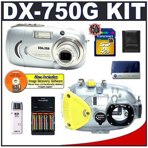 Sea & Sea DX-750G Underwater Digital Camera Kit with DX-750G 5.19MP Digital Camera with 3x Optical Zoom + Underwater Housing + Camera Pouch Case + Transcend 4GB 150x SecureDigital Card + High Speed USB SecureDigital Card Reader + Set of 4 - 2700mAh NiMH Rechargeable AA Batteries with AC/DC Rapid Charger + Digital Image Recovery Software + Memory Card Storage Wallet + Microfiber Cleaning Cloth