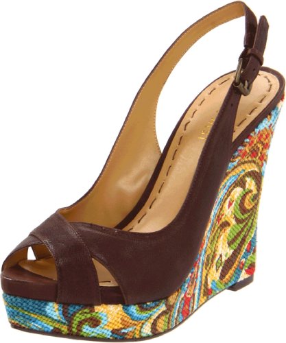 Nine West Women's Laffnplay Wedge Sandal,Dark Brown Leather,8.5 M US