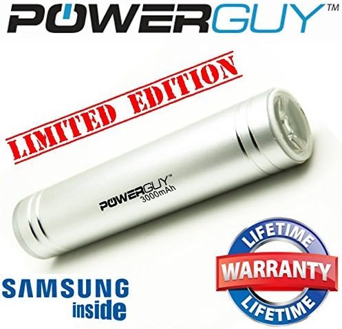 ★LIMITED EDITION★ PowerGuyTM Premium Compact Mini Portable Charger - Lipstick-Sized External Battery 3000mAh Power Bank - **FREE** Carrying Case Included - for Apple iPhone 5S, 5C, 5, 4S, iPad, Air, Mini, Samsung Galaxy S4, S3, Note, Nexus, LG, HTC, HTC One, Moto, Nokie Lumia 520, 1020 and most other Smartphones. Portable Battery Charger with LED Flashlight, Portable Phone Charger, USB Battery, Rechargeable Battery Backup, External Charger, USB Battery Charger - **GENUINE SAMSUNG Li-On Battery Inside - **LIFETIME REPLACMENT WARRANTY** - - Get The Coolest Brand for Him and Her! (Silver)