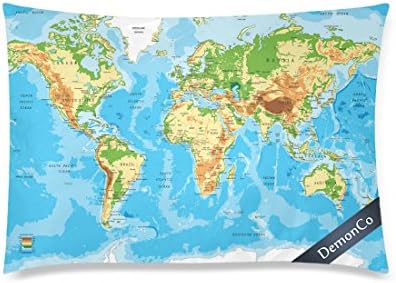 DemonCo(TM) Physical World Map Pillowcase Throw Pillow Case Cushion Cover Shams 20 x 30 Inches Two Sides, Map Of The World Decorative Bedroom Home Decor
