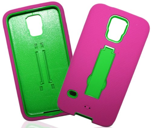 myLife Hot Pink and Lime Green - Shock Suit Survivor Series (Built in Kickstand + Easy Grip Silicone) 3 Piece + 2 Layer Case for NEW Galaxy S5 (5g) Smartphone By Samsung (External Flex Silicone Bumper Gel + Internal 2 Piece Rubberized Snap Fitted Armor Protector + Shock Absorbing Material)