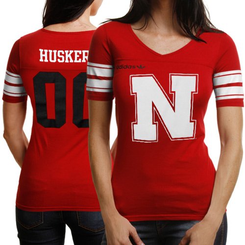NCAA adidas Nebraska Cornhuskers Ladies Football V-Neck Premium T-Shirt - Scarlet