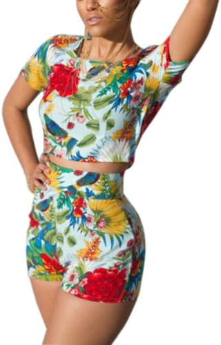 New Women's Floral Print Romper 2 Pieces Jumpsuit Crop Top+pant with Waistband
