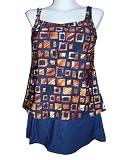 Womens Plus Size Tankini Skirtini Swimsuit, Navy/brown Geo Print, Penbrooke
