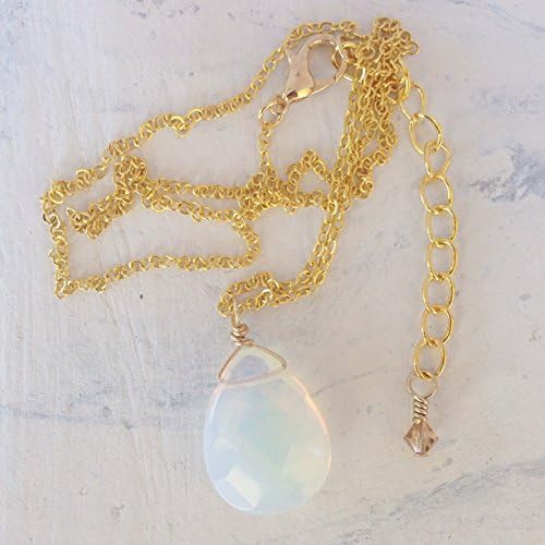 18" Gold Plated Chain Necklace with Milky Opalite Teardrop Pendant and Champagne Swarovski Extender
